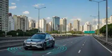 Carro autônomo futurista em rodovia brasileira, simbolizando a tecnologia veicular de 2026.