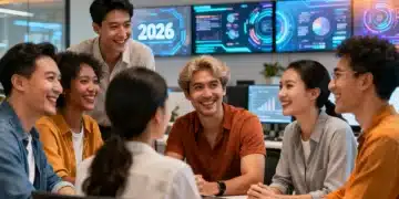 Pessoas diversas em um ambiente de escritório moderno, conversando animadamente e demonstrando escuta ativa, simbolizando comunicação interpessoal eficaz em 2026.