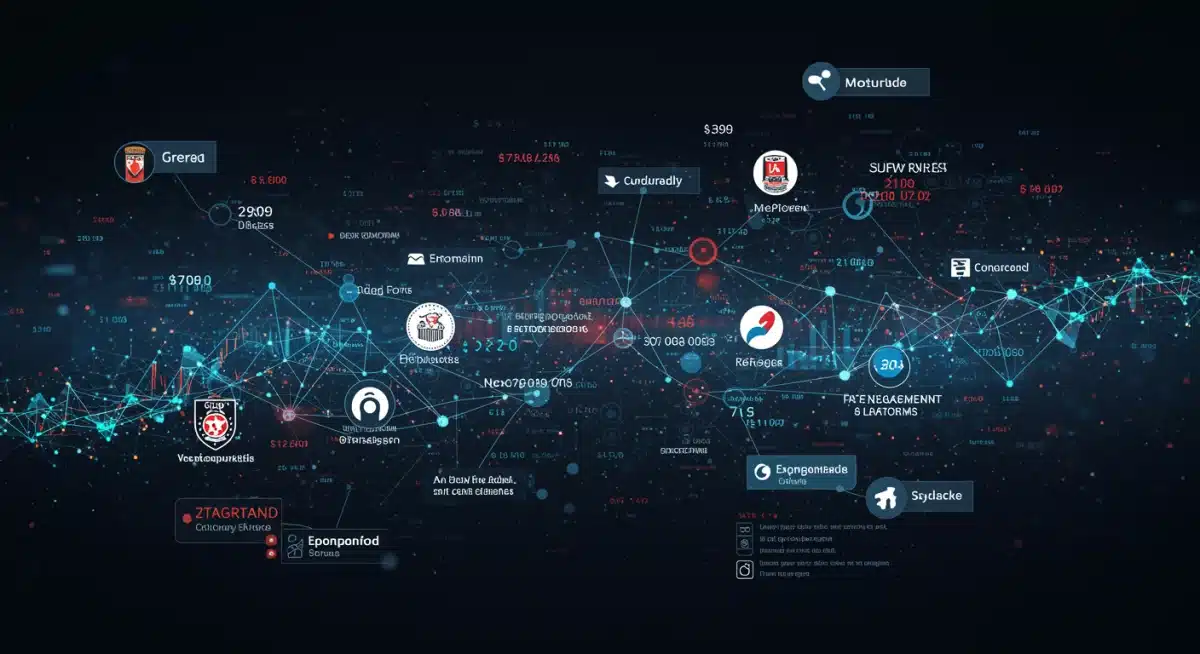 Gráfico dinâmico ilustrando a interconexão de clubes, marcas e reguladores no ecossistema de patrocínio esportivo, destacando as novas regras.