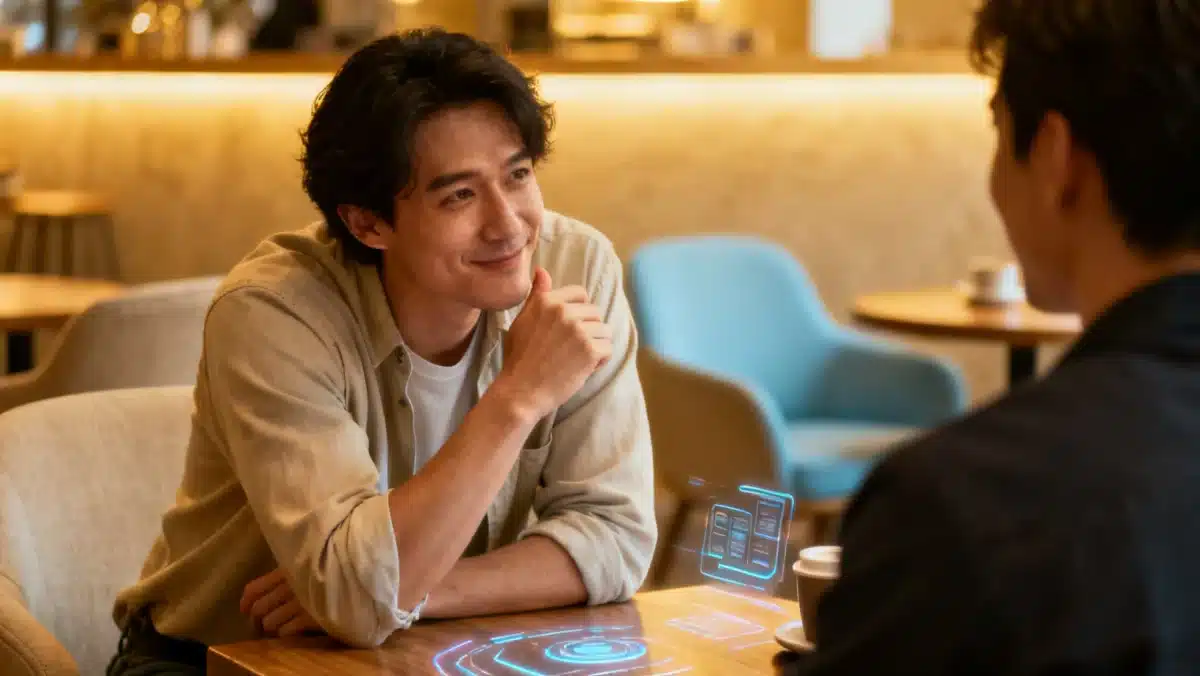 Pessoa demonstrando escuta ativa e empatia em uma conversa, com linguagem corporal atenta e contato visual, em um ambiente de café futurista.