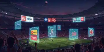 Estádio de futebol futurista com anúncios holográficos de patrocinadores, simbolizando as novas regras de patrocínio em 2026 no futebol brasileiro.