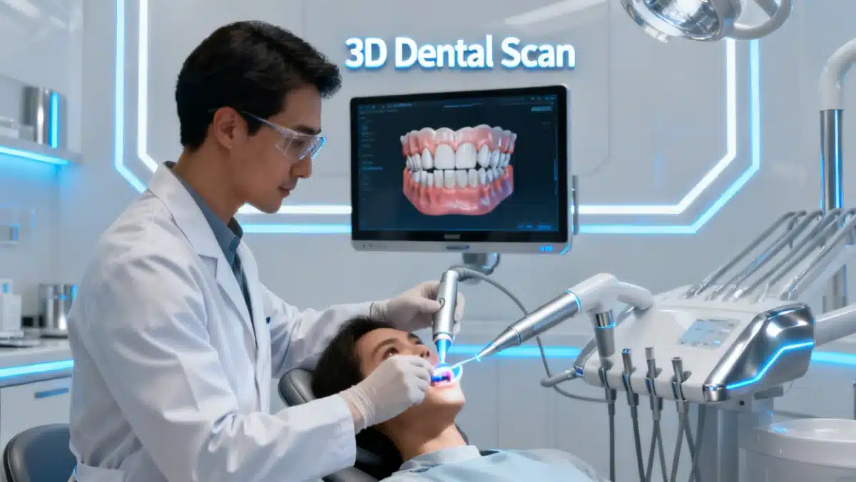 Dentista utilizando scanner intraoral avançado para diagnóstico preciso em 2026.