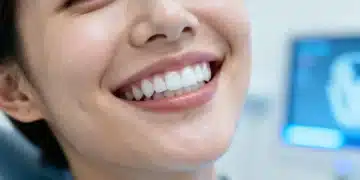 Sorriso saudável e brilhante em 2026, com tecnologia odontológica avançada ao fundo.