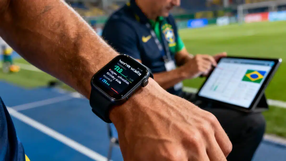 Dispositivo wearable no pulso de atleta exibindo dados biométricos detalhados