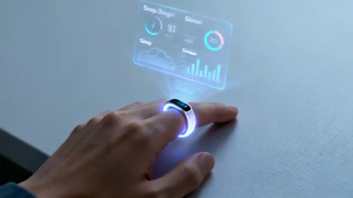 Anel inteligente avançado mostrando análise de sono e níveis de estresse, destacando a discrição e a tecnologia de monitoramento.