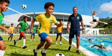 Jovens atletas brasileiros treinando em diversas modalidades, representando o futuro do esporte nacional em 2026.