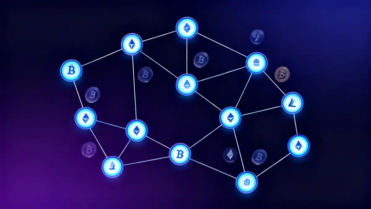 Diagrama de rede blockchain com nós interconectados e logotipos de criptomoedas, simbolizando transações seguras.
