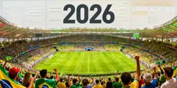 Estádio de futebol brasileiro com elementos gráficos de apostas esportivas e a data 2026, simbolizando a regulamentação.