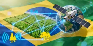 Satélite em órbita sobre o Brasil, ilustrando o impacto da tecnologia espacial em comunicação e monitoramento ambiental.