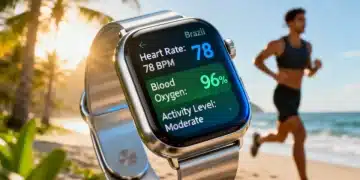 Smartwatch futurista exibindo métricas de saúde e performance em um cenário brasileiro, simbolizando a inovação em wearables.