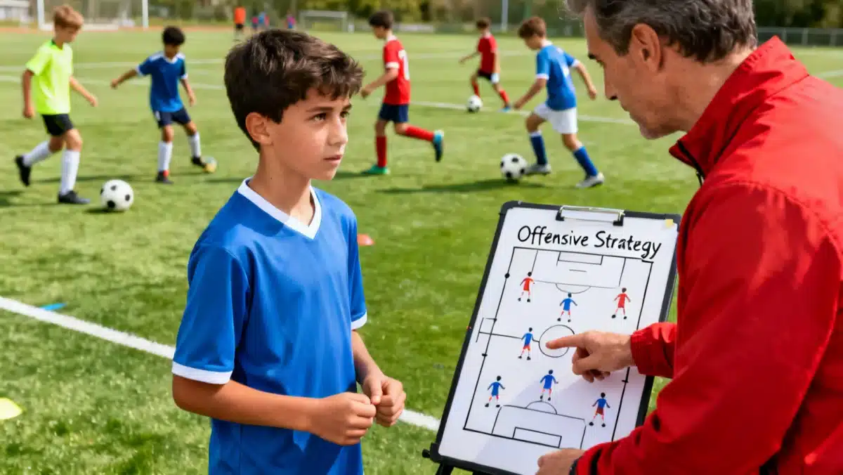 Treinador experiente orientando jovem atleta em programa de base, focando em técnica e estratégia.