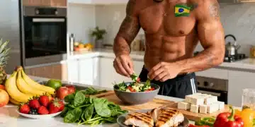 Atleta brasileiro preparando refeição saudável em cozinha moderna, focando em nutrição para performance.