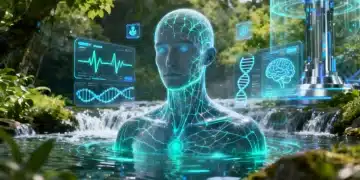 Pessoa futurista com interfaces tecnológicas, simbolizando biohacking e otimização da saúde em 2026.