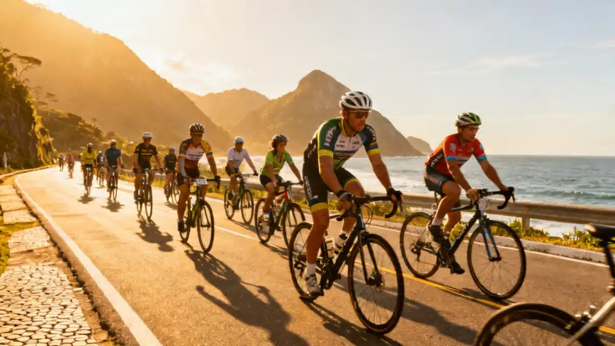 Ciclistas em prova de estrada no litoral brasileiro, exemplificando o turismo de aventura e esporte.