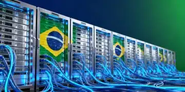 Data center futurista no Brasil com servidores brilhantes, simbolizando a infraestrutura de Cloud Computing em 2026.