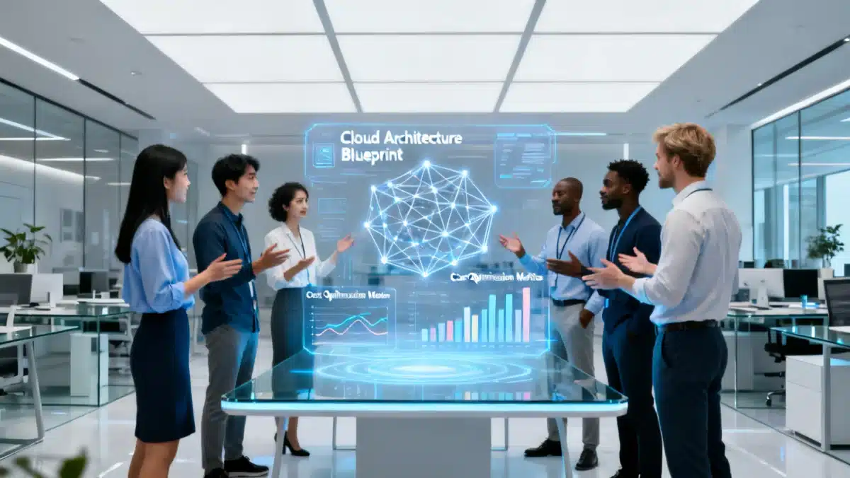 Profissionais de TI analisando gráficos de otimização de custos em plataformas de nuvem, planejando estratégias para 2026.