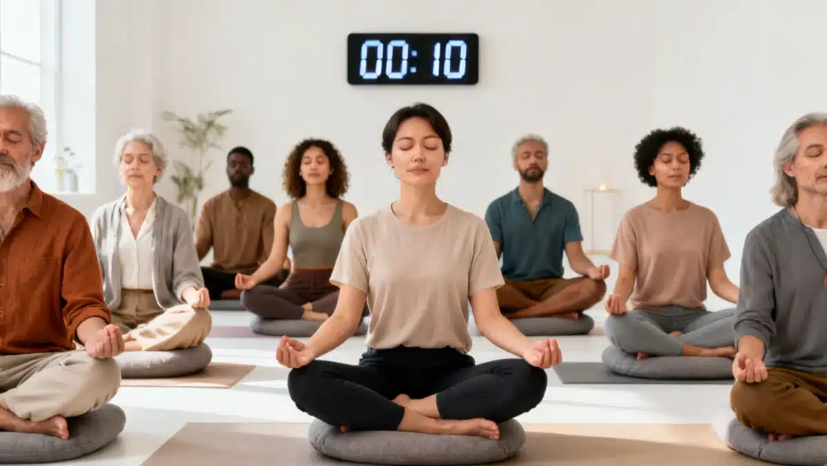 Grupo de pessoas praticando meditação guiada em estúdio moderno, destacando uma sessão de 10 minutos diários.