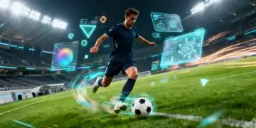 Jogador de futebol brasileiro com projeções holográficas de dados de desempenho em campo, simbolizando a análise avançada por inteligência artificial.