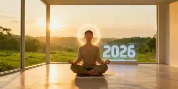 Pessoa meditando em ambiente futurista e sereno, com vista para a natureza, simbolizando paz e foco em 2026.