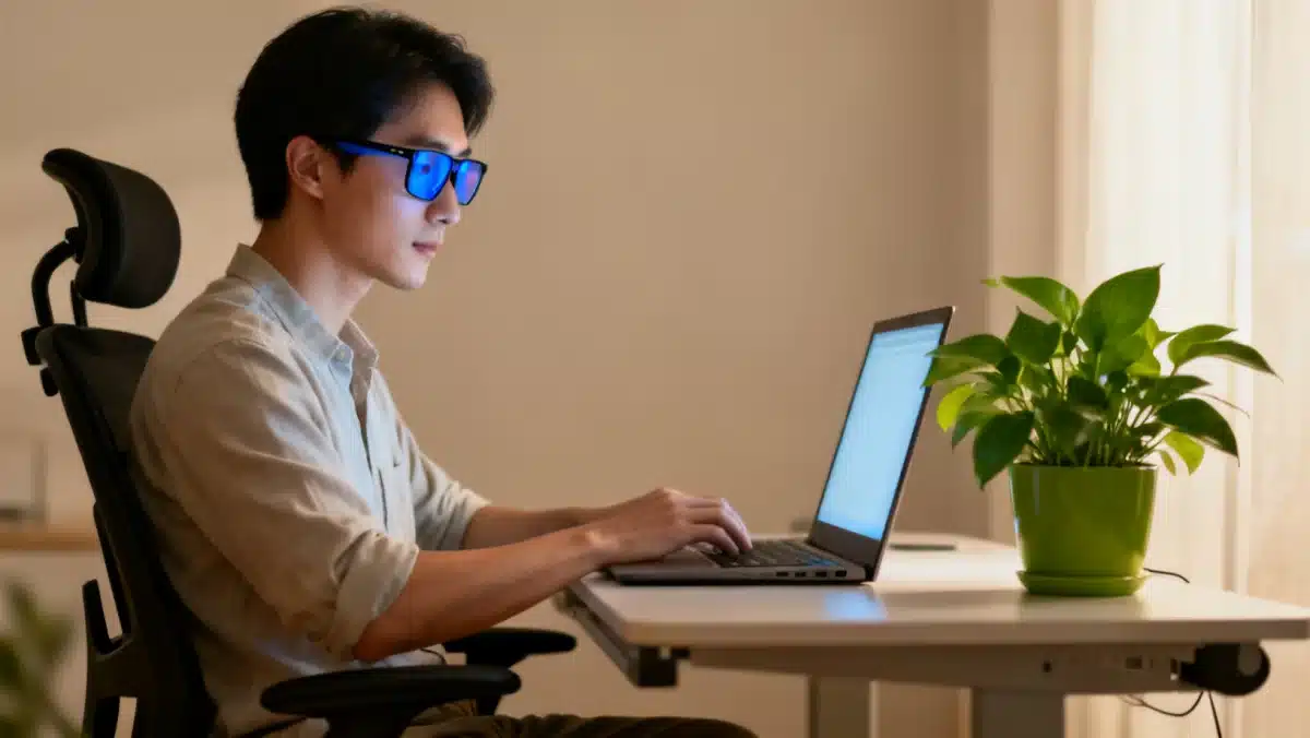 Pessoa usando óculos com filtro de luz azul enquanto trabalha em um laptop, com um ambiente de trabalho ergonômico e planta ao fundo.