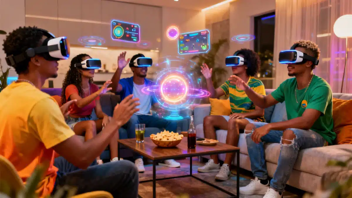 Jovens brasileiros interagindo em sessão de realidade virtual em 2026