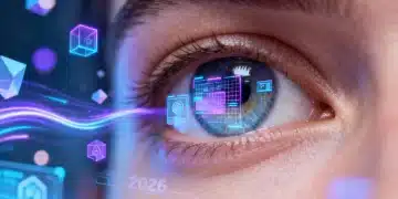 Olho humano refletindo telas digitais, com o ano 2026 e elementos futuristas, simbolizando a importância da saúde ocular na era digital.