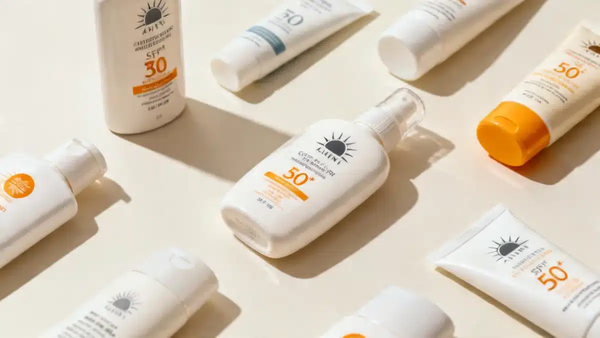 Variedade de protetores solares com diferentes FPS e formatos, destacando a importância da escolha adequada para a proteção da pele.