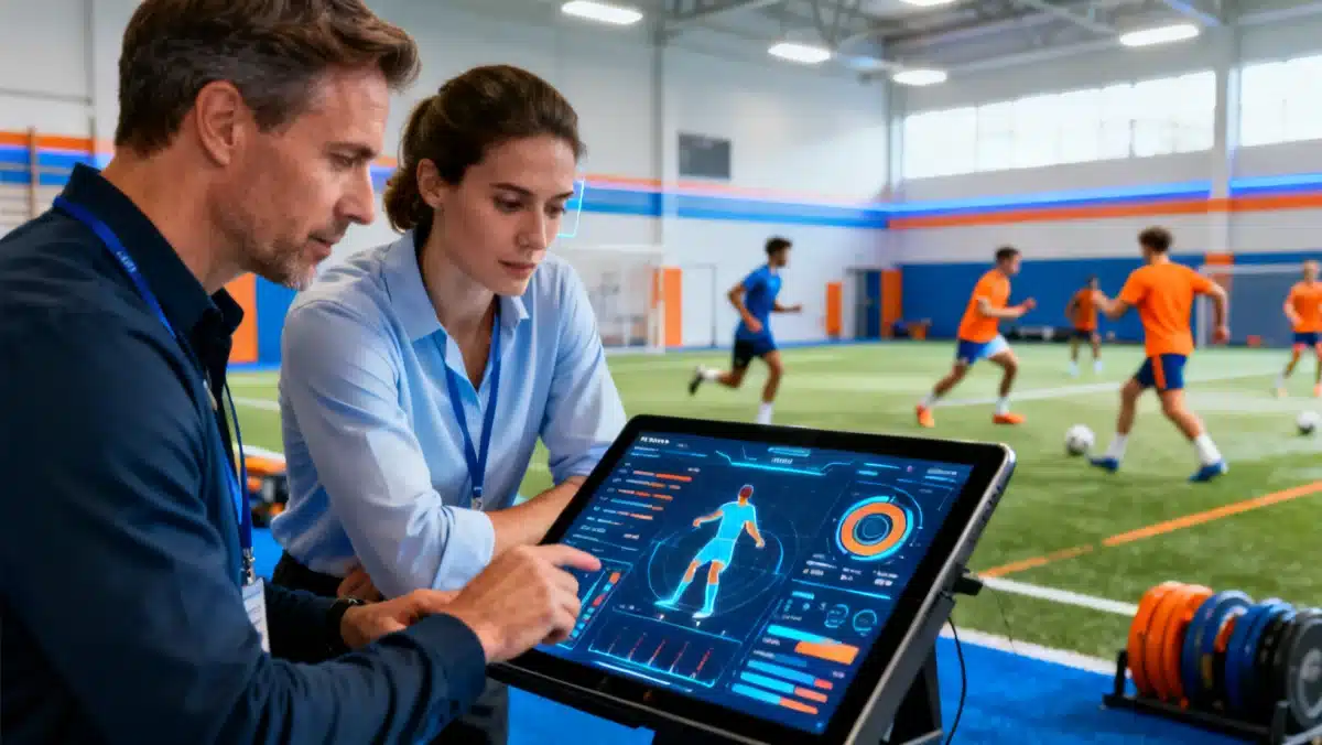 Treinador e analista esportivo revisando dados de desempenho de atletas em um tablet, com gráficos gerados por inteligência artificial em um centro de treinamento.