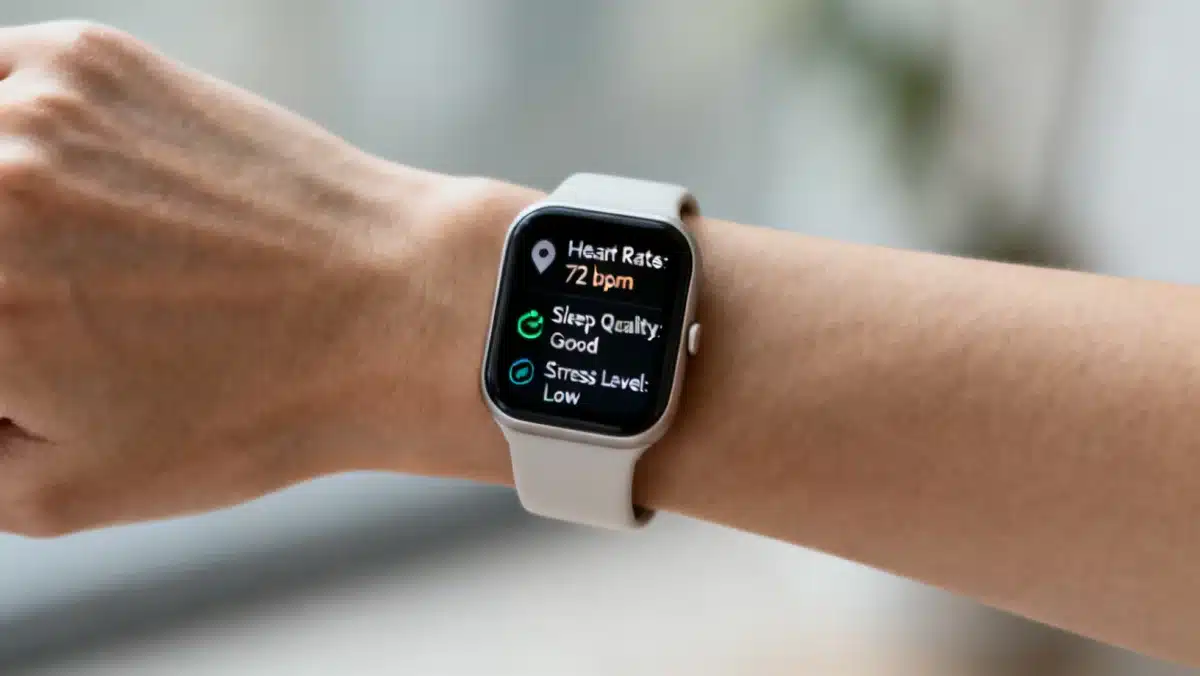 Dispositivo wearable monitorando dados biométricos em tempo real, representando a tecnologia de biohacking.