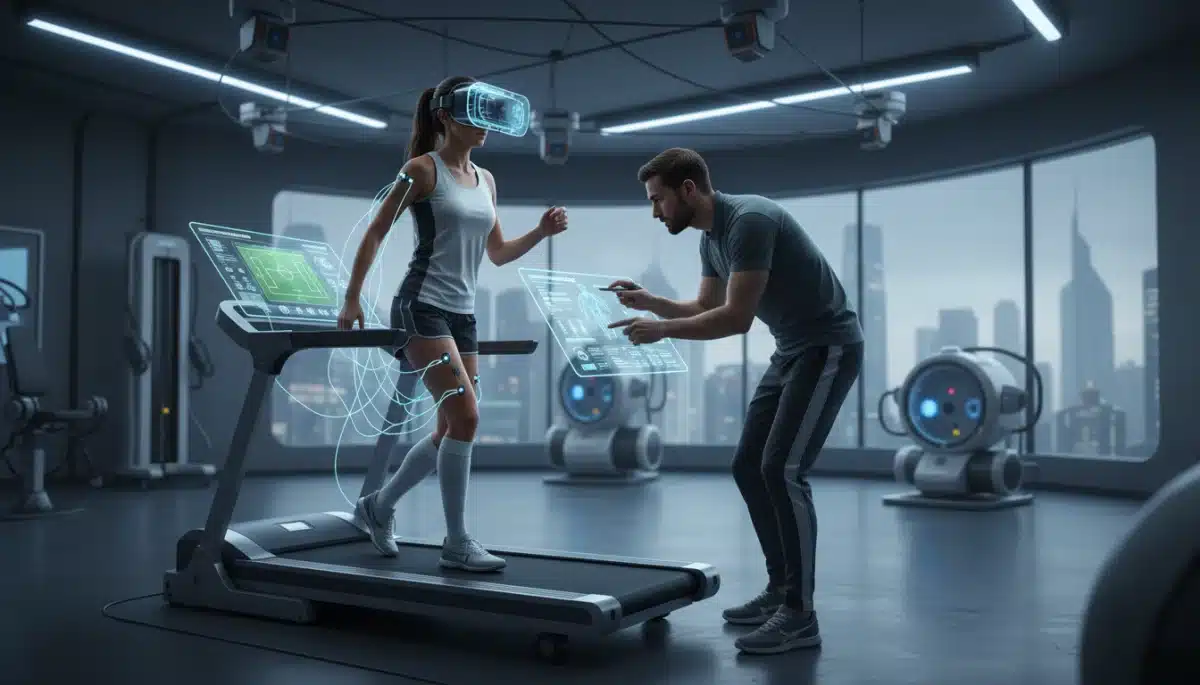 Programa de reabilitação personalizado para atletas, utilizando realidade virtual e biossensores para otimizar a recuperação de lesões.