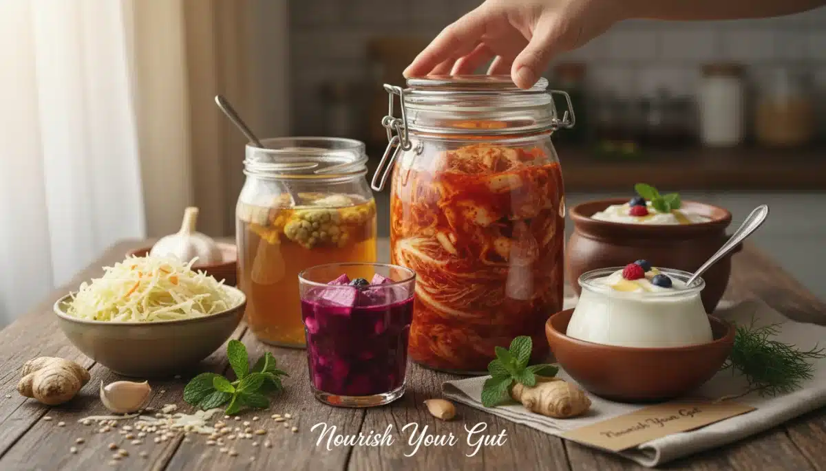 Alimentos fermentados como kimchi, chucrute, iogurte e kombucha, essenciais para a saúde intestinal.