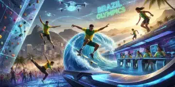 Atletas brasileiros em diversas modalidades olímpicas, simbolizando o crescimento e futuro do esporte no Brasil até 2026.