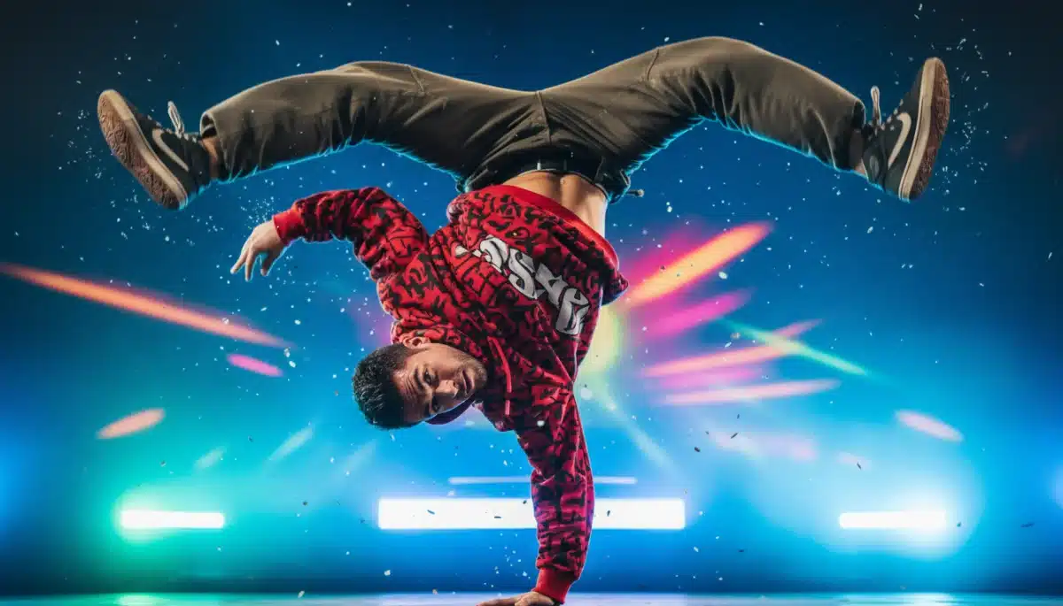 Breakdancer em movimento, demonstrando a agilidade e a expressividade da modalidade que ganha destaque no cenário olímpico brasileiro.