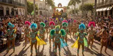 Foliões em fantasias coloridas dançando em um bloco de rua vibrante durante o Carnaval Brasileiro de 2026.