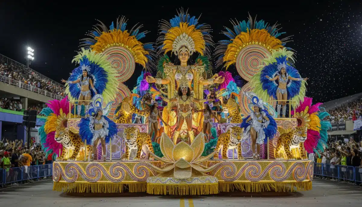 Detalhe de um carro alegórico iluminado e ricamente decorado de uma escola de samba em desfile noturno.