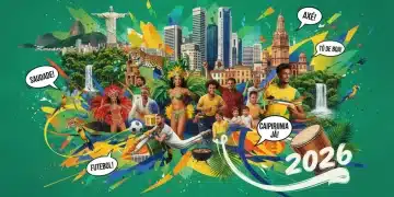 Colagem vibrante da cultura brasileira com pessoas, cidades e natureza, destacando expressões populares de 2026.
