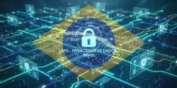 Fluxo seguro de dados digitais com elementos futuristas e referências à LGPD no Brasil em 2026