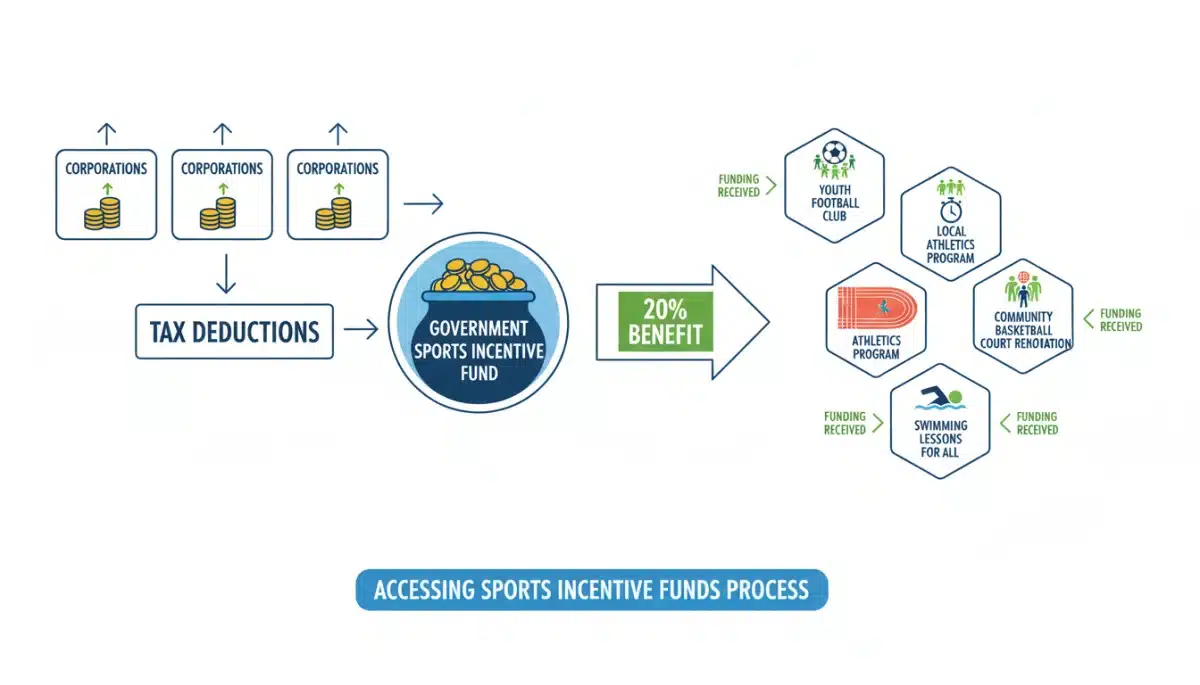 Diagrama detalhado mostrando o fluxo de financiamento da Lei de Incentivo ao Esporte para projetos, com destaque para benefícios fiscais.