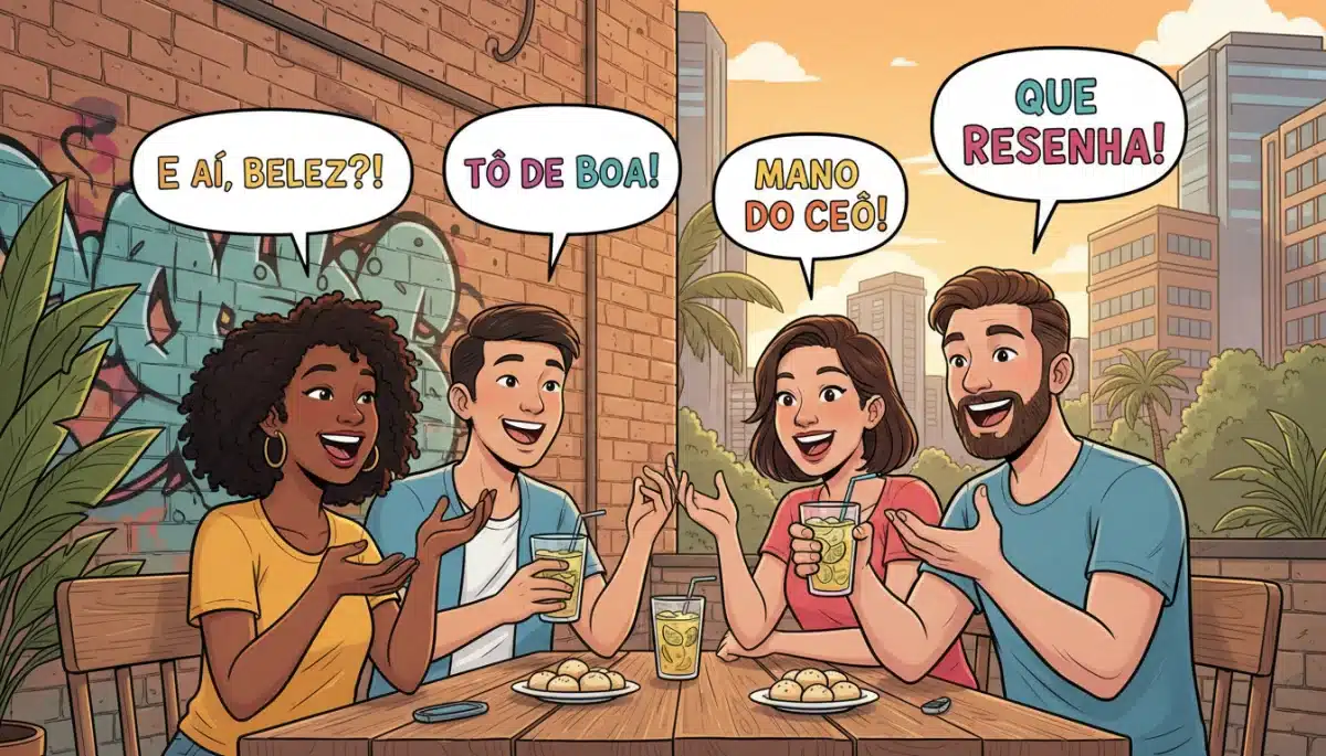 Jovens brasileiros conversando animadamente, com balões de fala mostrando expressões populares em um ambiente urbano moderno.
