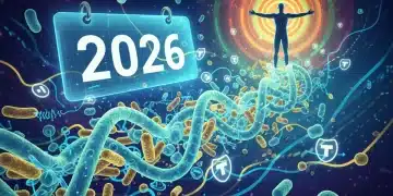 Microbioma intestinal saudável e vibrante, com bactérias benéficas e símbolos de energia e imunidade, em um contexto futurista de 2026.