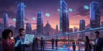 Cena futurista de uma cidade brasileira ao anoitecer com símbolos 5G, representando a expansão da conectividade e inovação até 2026.