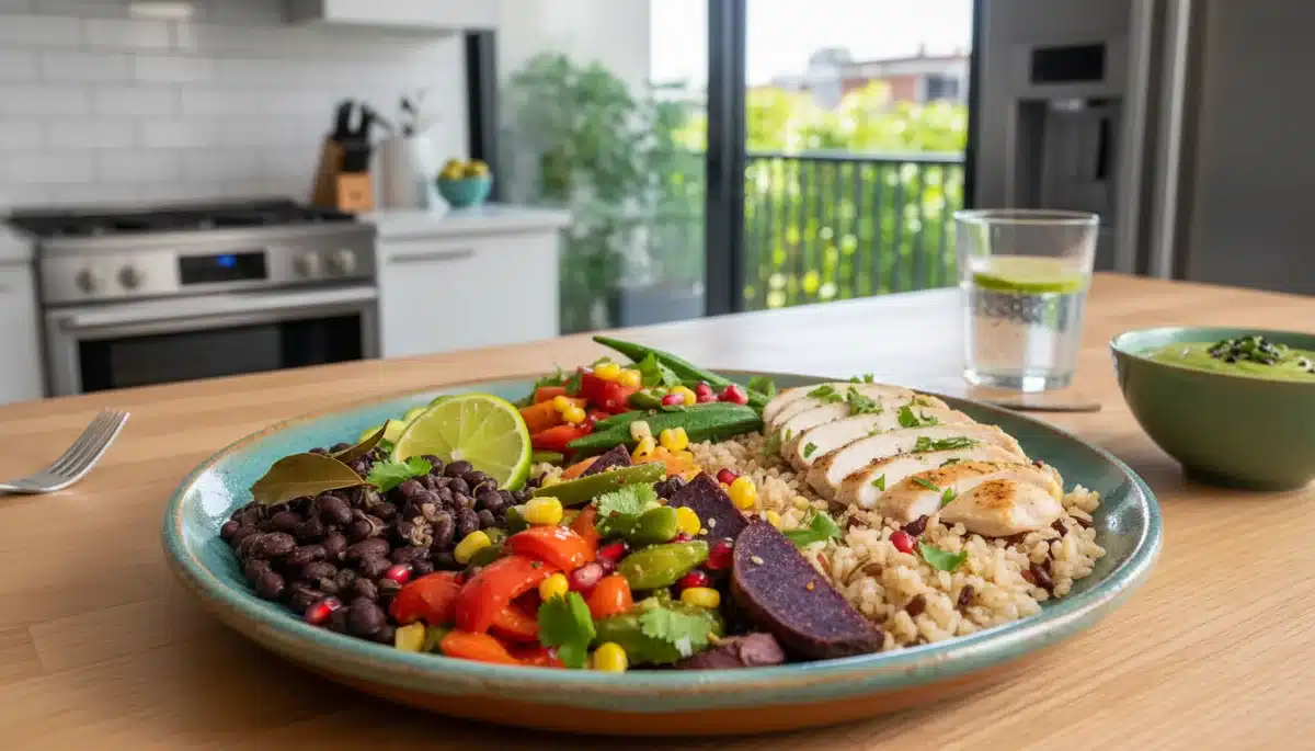 Prato colorido e saudável com vegetais frescos, proteína magra e grãos integrais, destacando a alimentação balanceada para a prevenção de doenças.