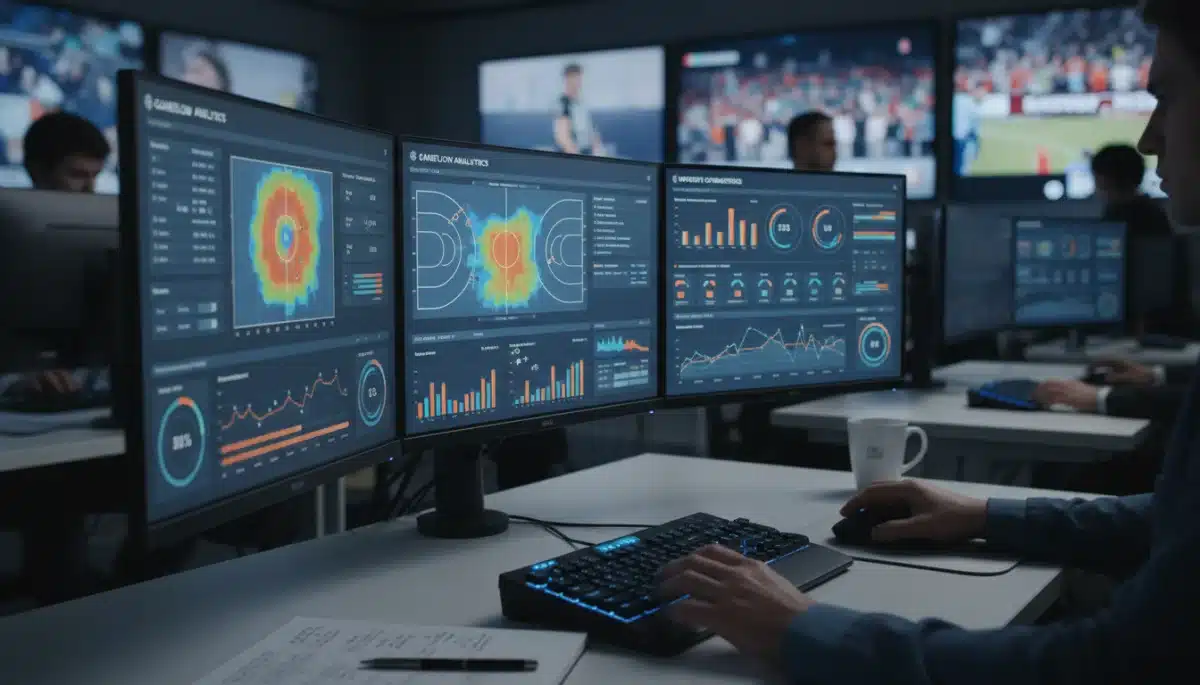 Analista de dados esportivos utilizando software avançado para otimizar desempenho de atletas.