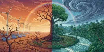 Paisagem brasileira sob um céu dinâmico, representando as complexidades do clima em 2026, com elementos naturais e tecnológicos.