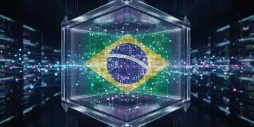 Representação artística de um sistema de computação quântica com qubits interconectados e elementos sutis da bandeira brasileira.