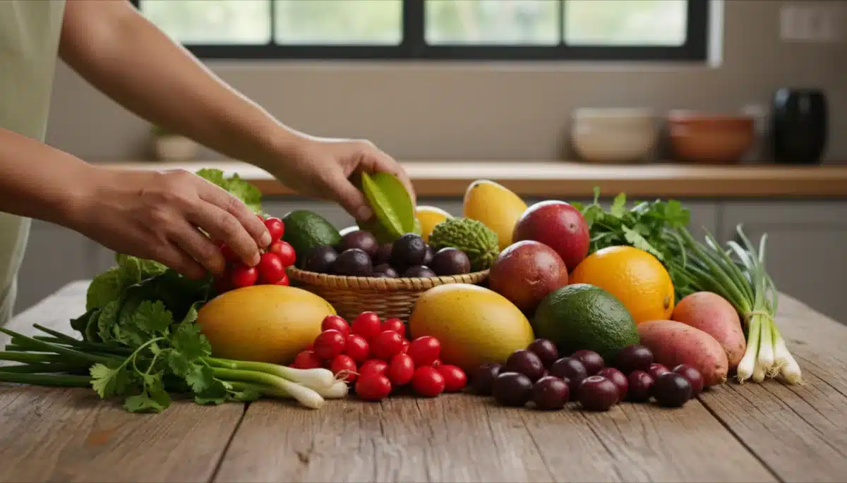 Variedade de frutas e vegetais frescos brasileiros dispostos sobre uma mesa de madeira, simbolizando uma dieta rica e natural.