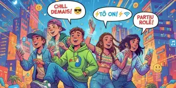 Adolescentes brasileiros em 2026 usando gírias em conversas animadas, com elementos digitais ao redor.