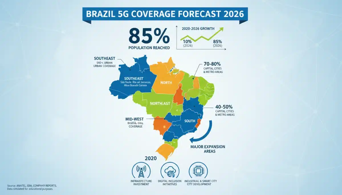 Gráfico informativo sobre a projeção de cobertura 5G no Brasil até 2026, destacando o alcance populacional e áreas de expansão.