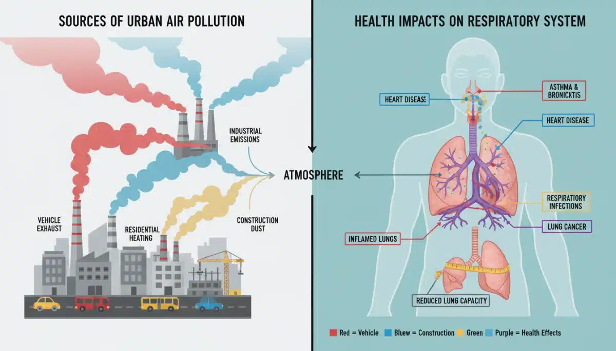 Infográfico detalhado sobre fontes de poluição do ar e seus efeitos no sistema respiratório humano.