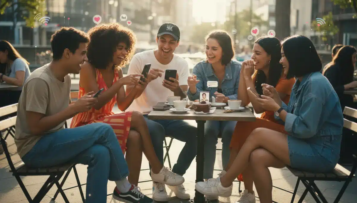 Jovens brasileiros interagindo e rindo enquanto usam seus smartphones, simbolizando a comunicação moderna e o uso de gírias.